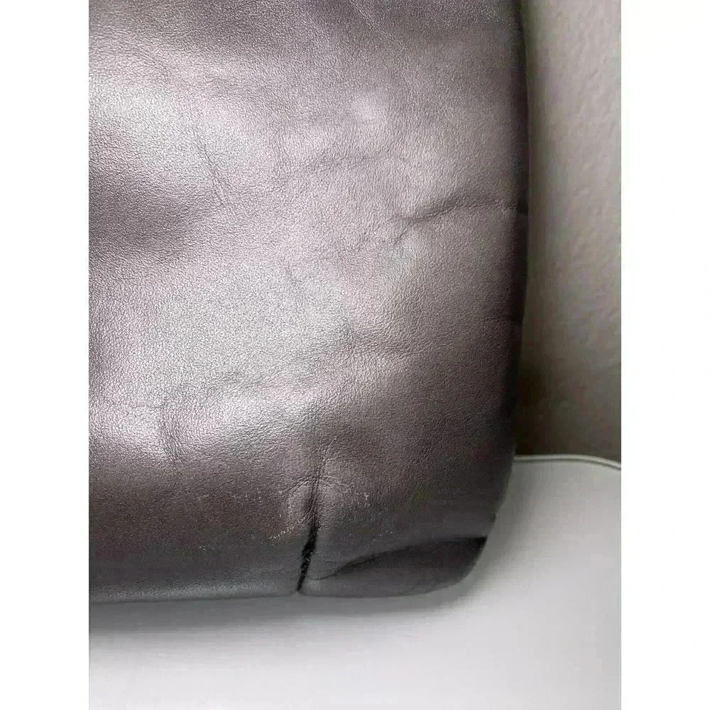 Vintage Ruth Saltz 70s Gray Leather Clutch Bag Silver Tone Lion Emblem No Strap